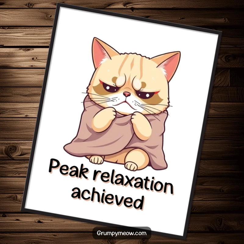 Funny poster of a grumpy cat dramatically sighing while wrapped in a blanket, a humorous and artistic depiction of cozy annoyance.