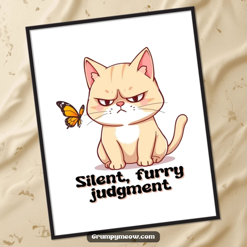 Funny poster art: A grumpy cat with narrowed, judgmental eyes observes a butterfly, depicted with a humorous and relatable feline attitude.