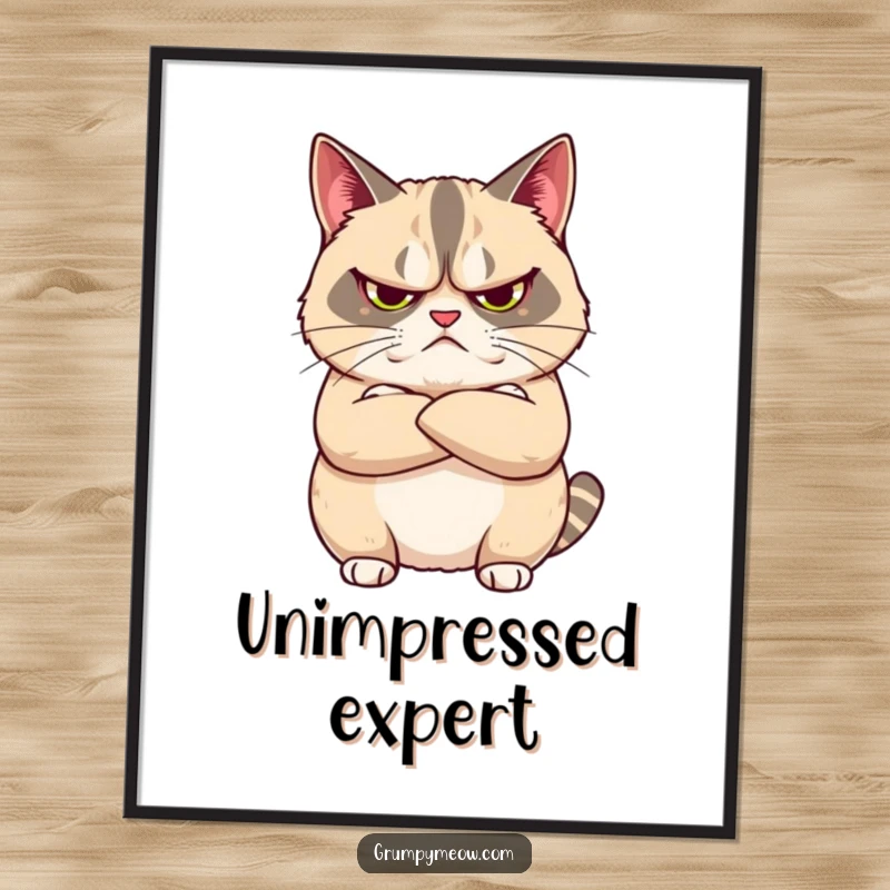 Funny poster of a grumpy cat with arms crossed, looking unimpressed, a humorous artistic depiction of feline sass and disapproval.