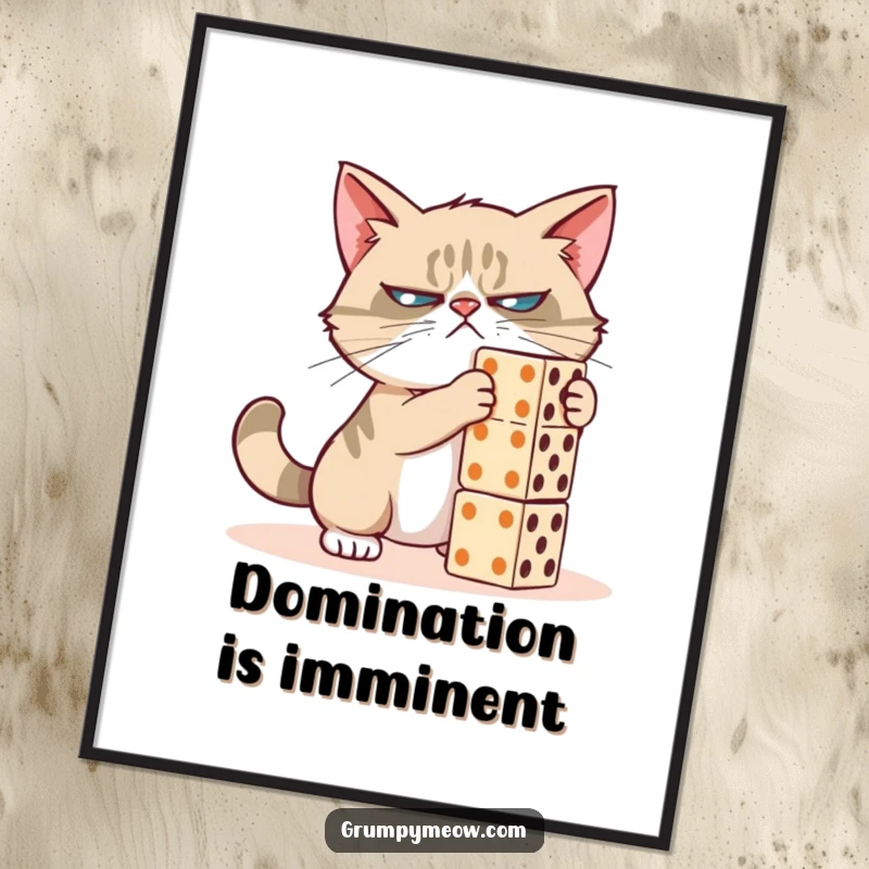 Funny grumpy cat poster, captured in the act of pushing dominoes, conveying intense focus, ideal funny gift for art lovers.