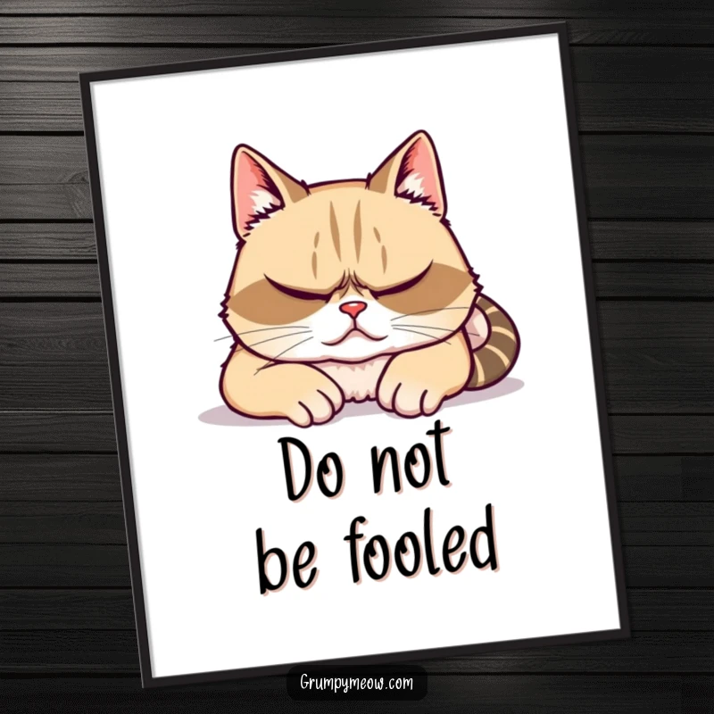 Funny poster art of a grumpy cat feigning sleep but with vigilant eyes, conveying humorous observation and stealth.