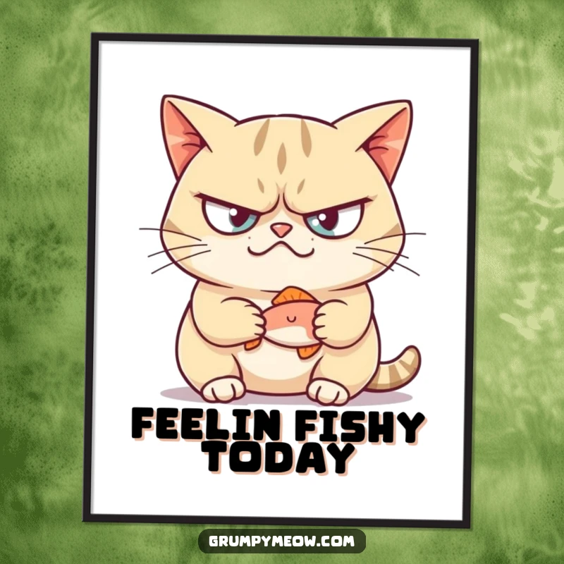 Funny poster showing a grumpy cat with a smug smirk, proudly displaying a small fish it has caught.
