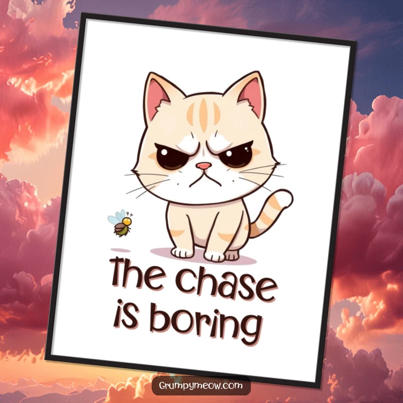 Funny poster of a grumpy cat reluctantly chasing a small, buzzing fly, emphasizing its forced effort humorously.