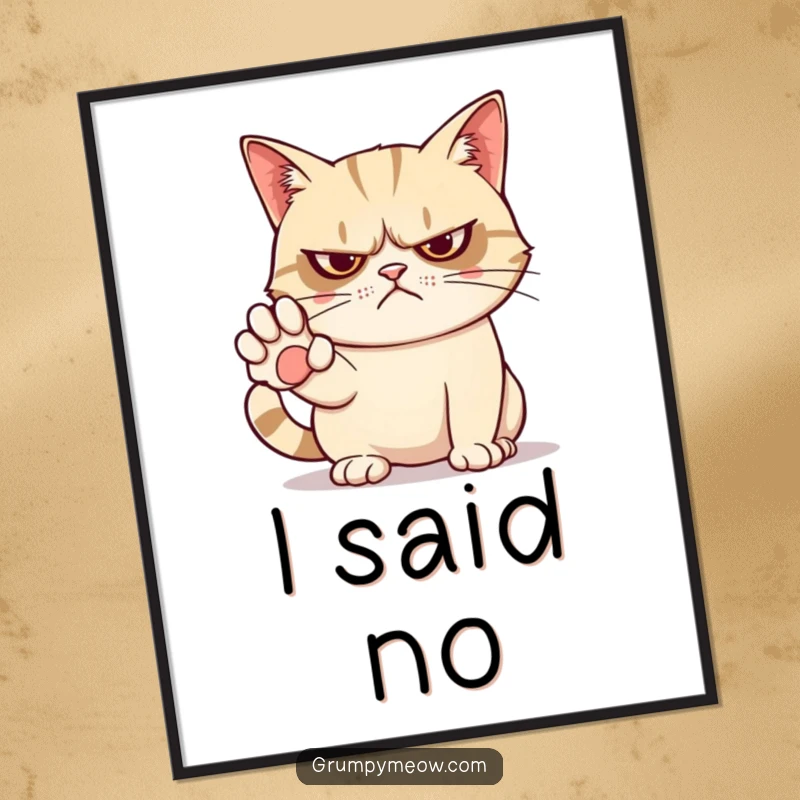Funny poster art of a grumpy cat with a paw outstretched, delivering a clear and comical 'no'.