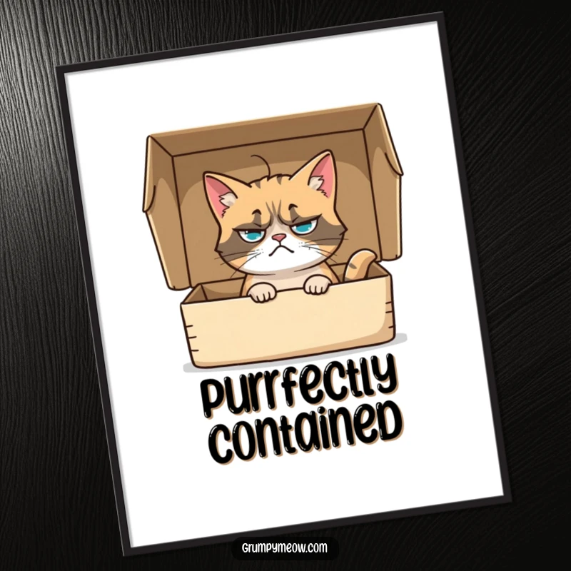 Funny poster displaying a grumpy cat resting inside a box, its whisker twitching curiously, adding humorous wall art to any room.