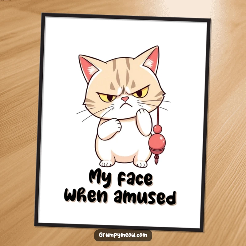 Funny grumpy cat with narrowed eyes disdainfully batting a dangling toy, capturing pure feline annoyance.