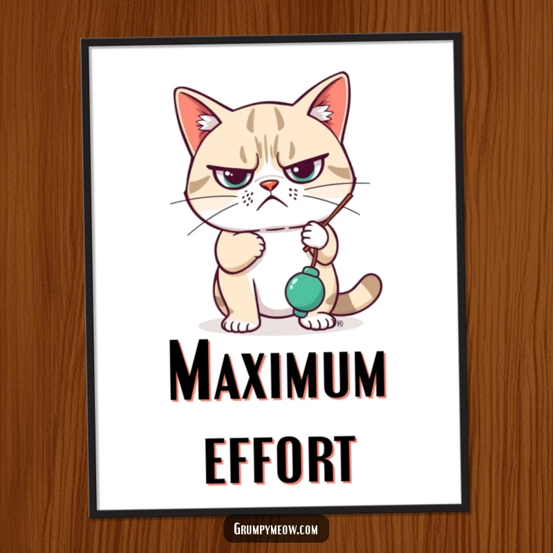 Funny Poster of a grumpy cat looking unimpressed, with a paw casually swatting a dangling toy, capturing a moment of feline indifference.