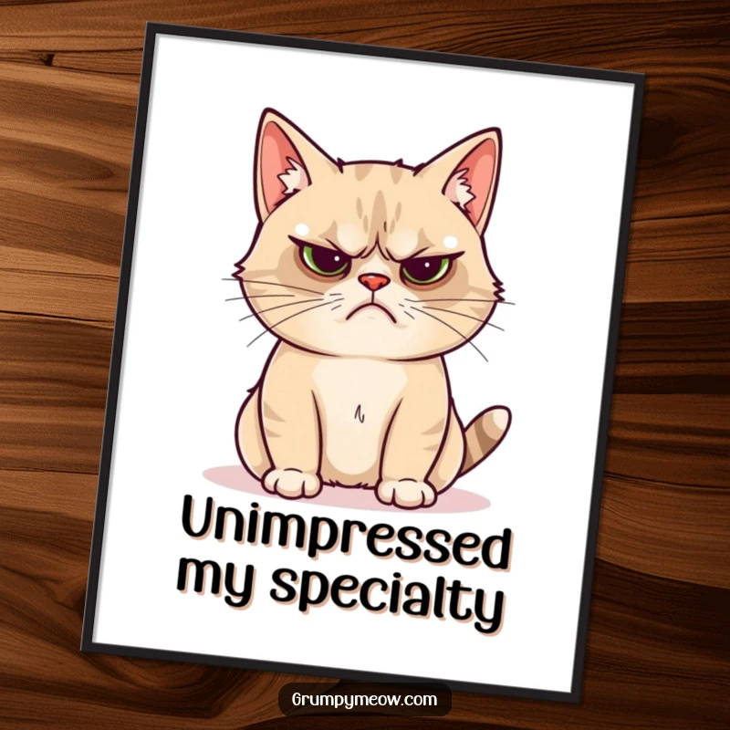 Funny grumpy cat poster of a cat looking unimpressed by a bright, shiny object, ideal for humorous art.