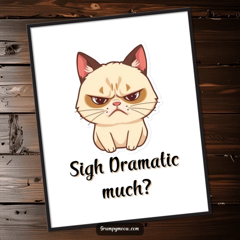 Funny grumpy cat poster showing a dramatic sigh with a frown, ideal for humorous wall art.