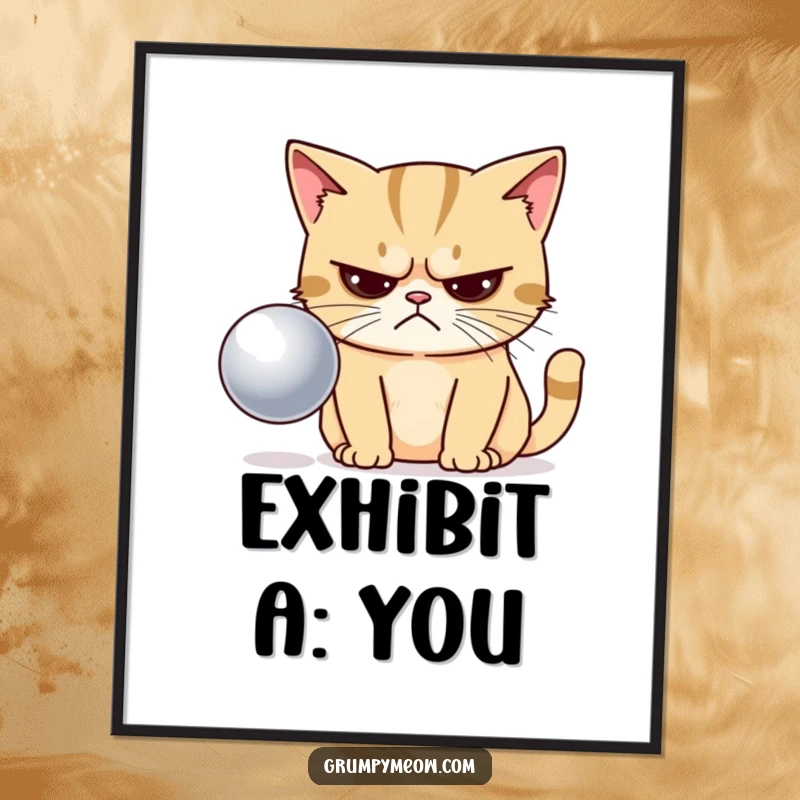Funny poster of a grumpy cat with narrowed eyes, radiating disapproval towards a shiny ball for humorous wall decor.