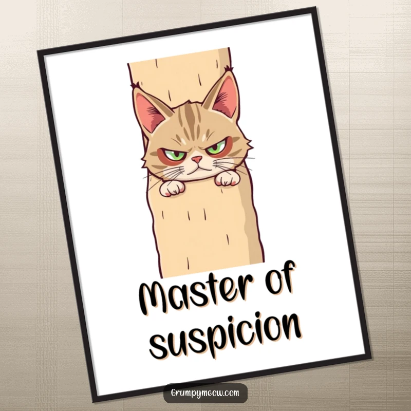 Funny poster art depicting a grumpy cat peering cautiously from behind a colossal scratching post, its expression one of deep skepticism.