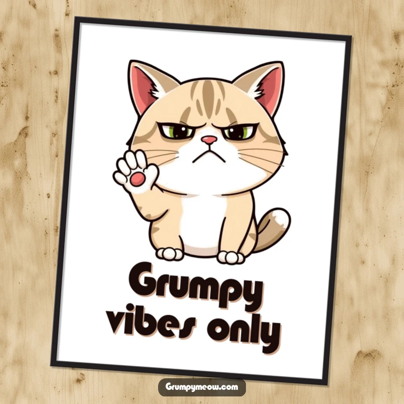 Funny grumpy cat poster showing a cat with a furrowed brow attempting a cheerful wave with visible reluctance and disapproval.