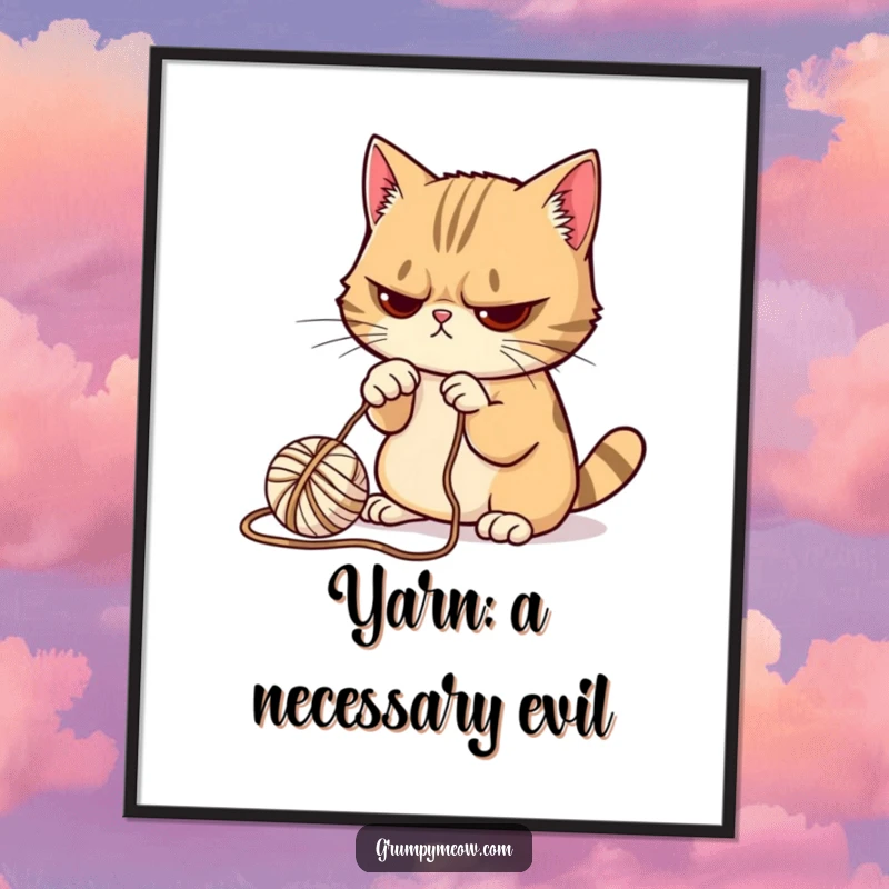 Funny Grumpy Cat Poster: Captivating wall art of a grumpy cat reluctantly batting at a small ball of yarn with its paw.