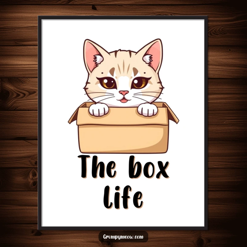 Funny Poster: A cat with furrowed brows peeks from a cardboard box, creating a humorous and intriguing piece of wall art.