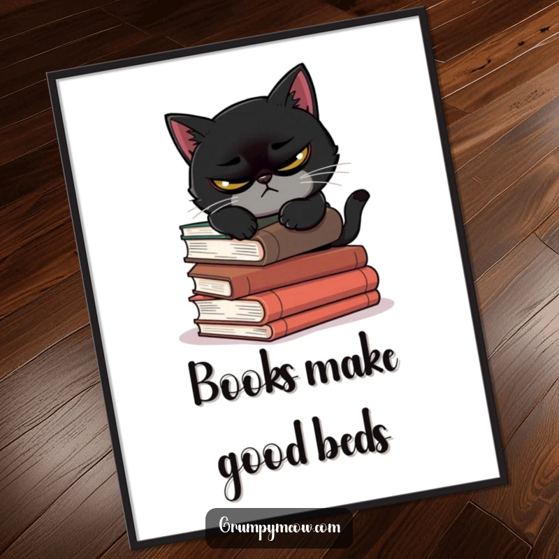 Funny poster of a scowling black cat attempting to nap on precarious books, ideal for humorous wall art.