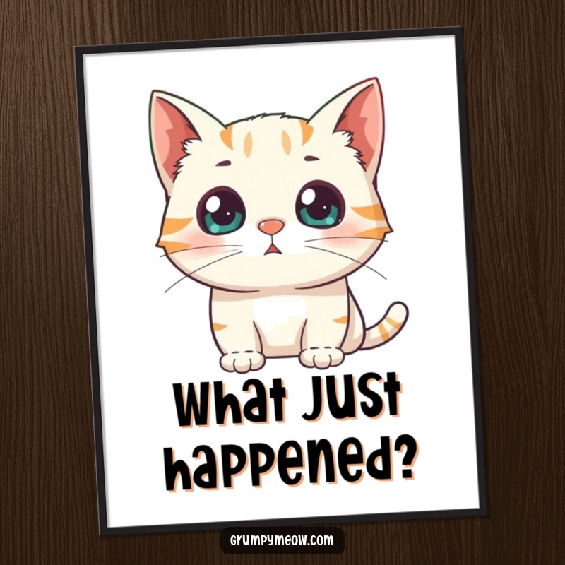 Funny Poster: A cat with extremely dilated pupils stares intently, surprised by a sudden, unexplainable appearance.