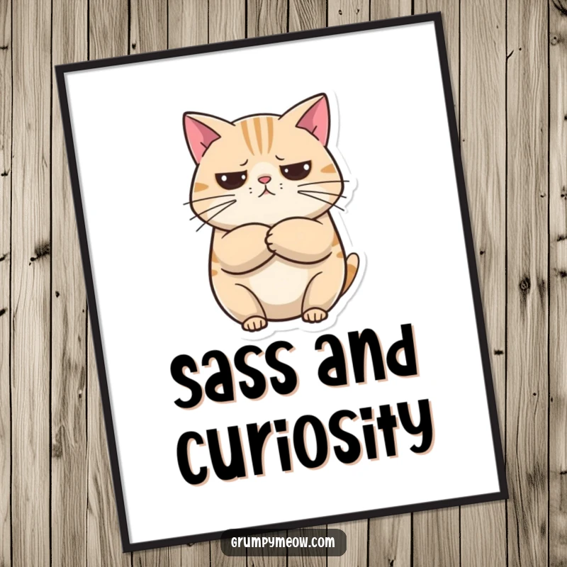 Funny Poster: A round cat with crossed arms appears unimpressed but curious, making for humorous and relatable wall art.