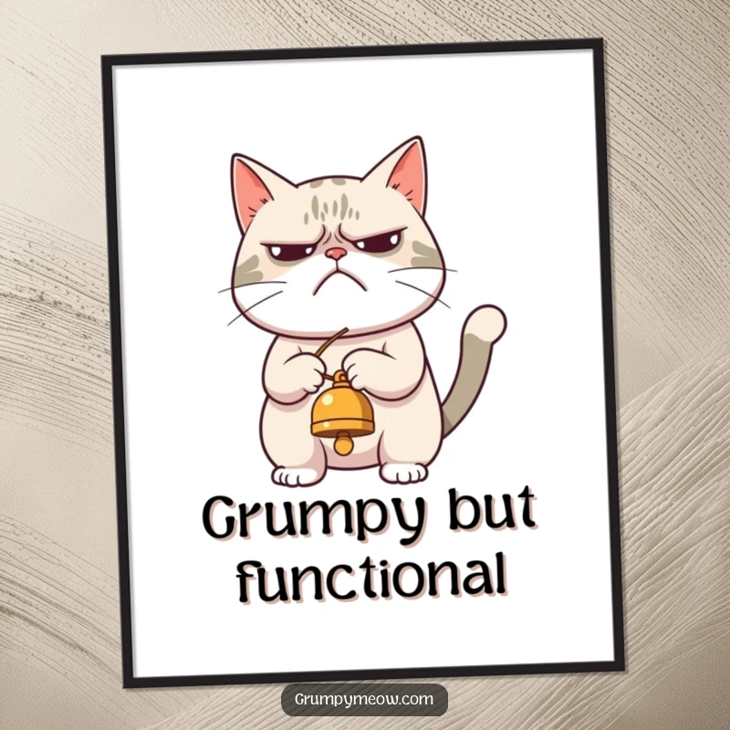 Funny poster of a grumpy cat begrudgingly playing with a dangling bell, capturing a moment of sarcastic feline amusement for wall decor.