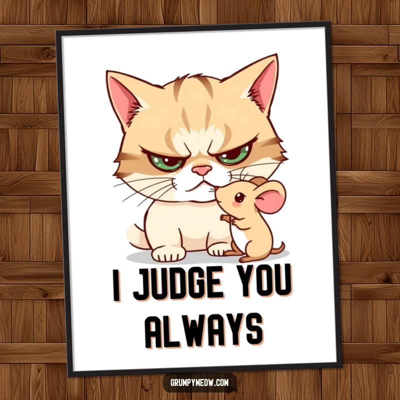 Funny poster showing a grumpy cat curiously poking a trembling toy mouse, emphasizing its investigative nature and the humor of the situation.