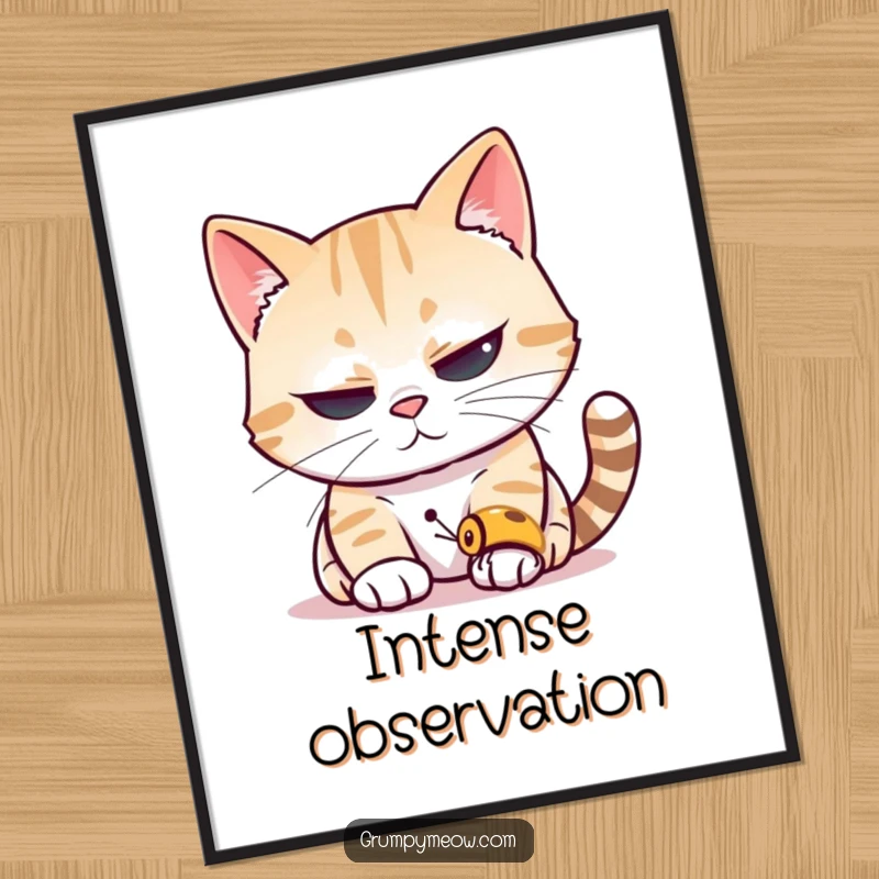 Funny cat poster art of a cat squinting its eyes, peering intently at a tiny insect, highlighting its unwavering predatory focus.