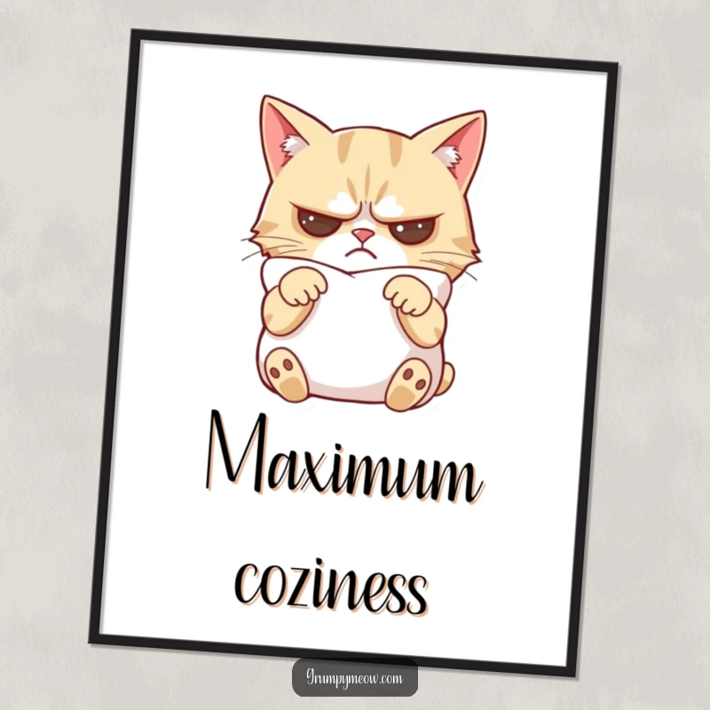 Funny grumpy cat poster featuring a cat with crossed paws, looking slightly mollified by a soft pillow's gentle embrace.