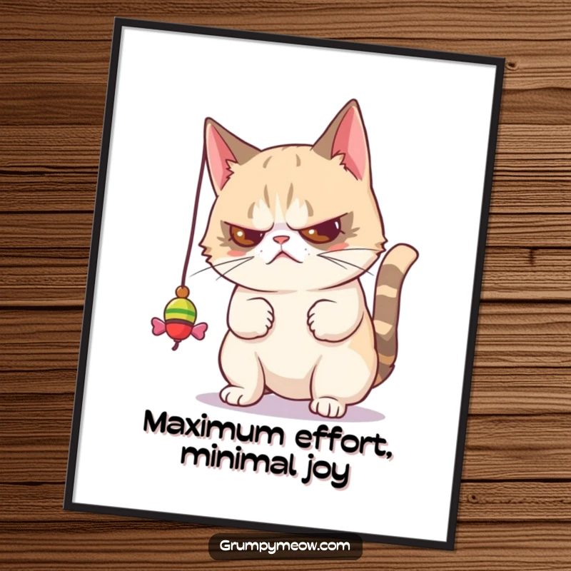 Funny poster of a grumpy cat batting a dangling toy with palpable disdain, a humorous artistic representation of feline boredom.