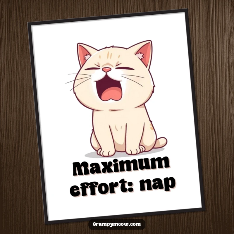 Funny poster of a bored cat yawning widely, a sarcastic twinkle in its eye, conveying humorous feline indifference in art.