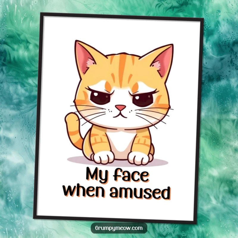 Funny Poster: An unimpressed cat with crooked whiskers stares skeptically at a colorful object, a masterpiece of judgment.