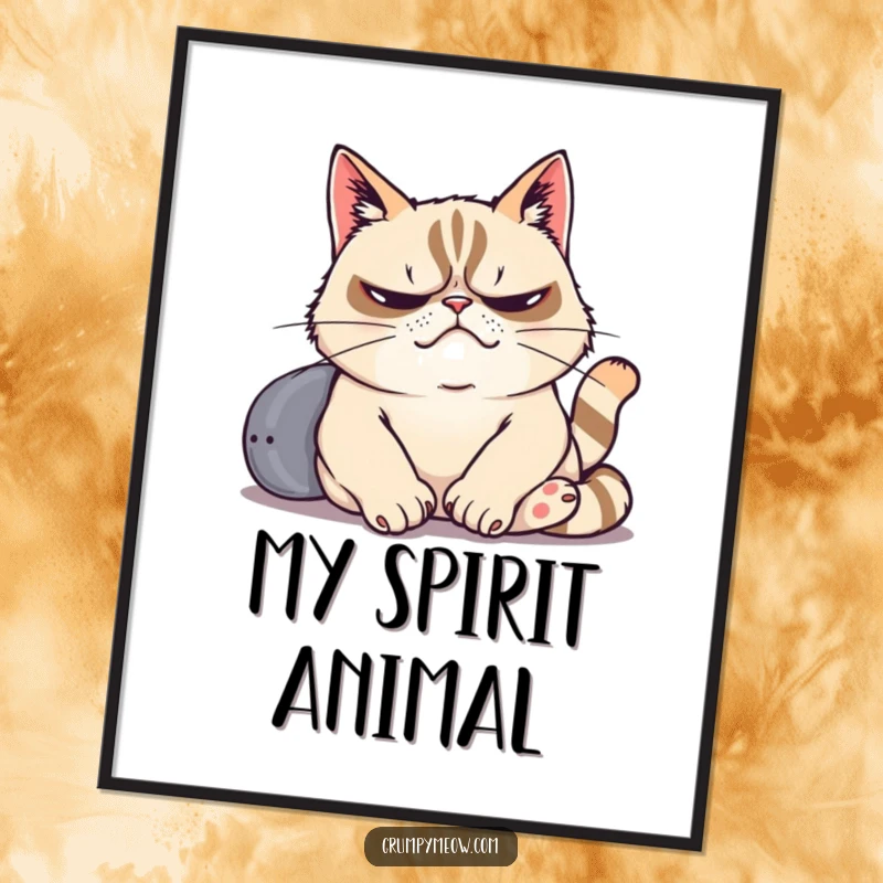 Funny poster art of a grumpy cat dramatically sighing while lounging lazily, capturing a mood of humorous resignation.