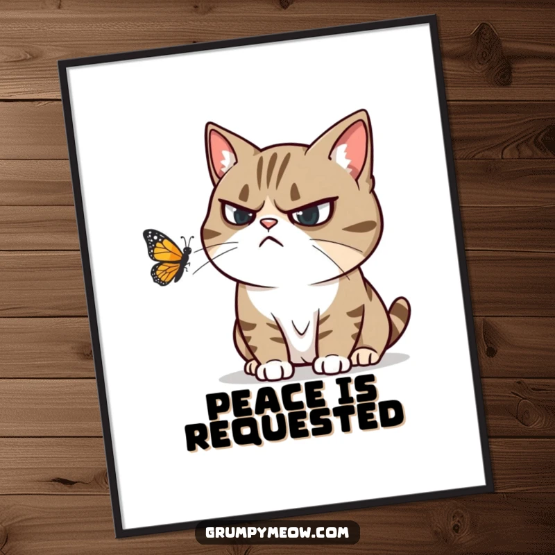 Funny poster of a grumpy cat attempting to ignore a playful butterfly, conveying humorous annoyance and feline charm.