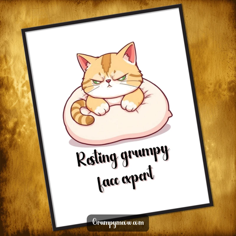 Funny Poster: A scowling cat, ear twitching, attempts a nap on a soft pillow, embodying peak feline disdain.