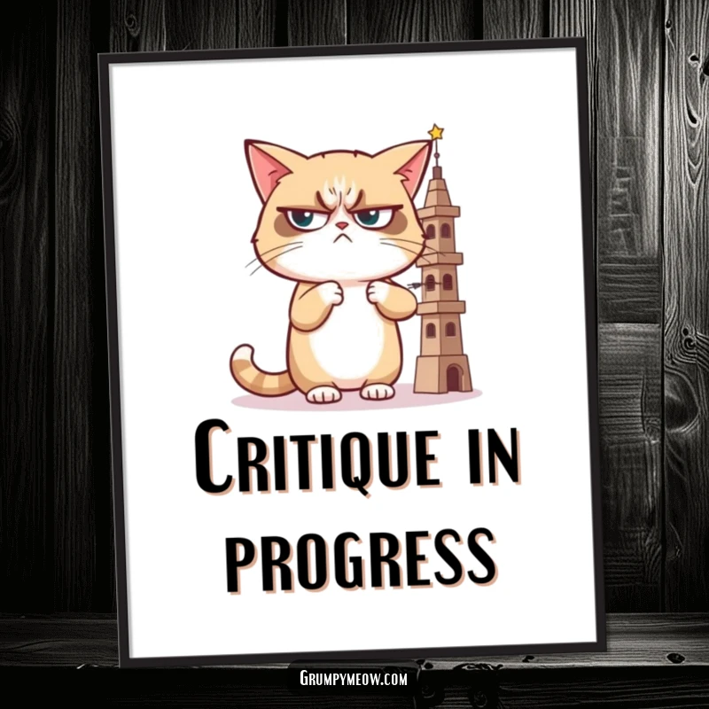 Funny poster of a grumpy cat casting a sideways, judgmental glance at a wobbly tower, capturing skepticism and witty disapproval.