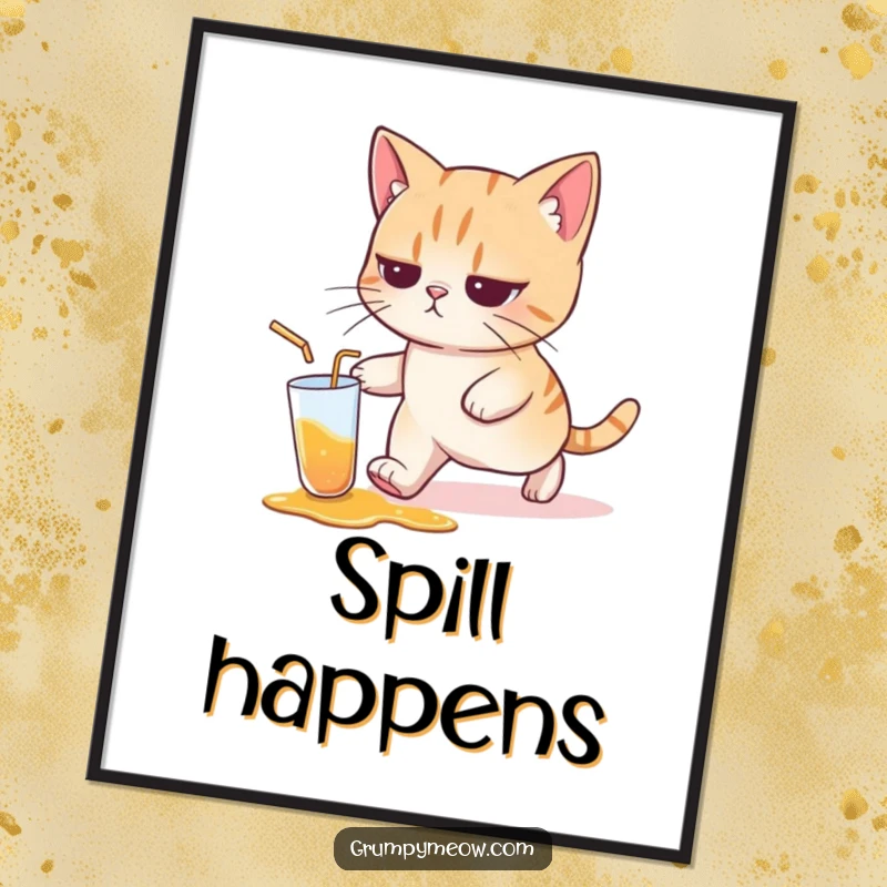 Funny cat poster art of a cat with a resigned expression walking away from a spilled drink, conveying nonchalance and humor.