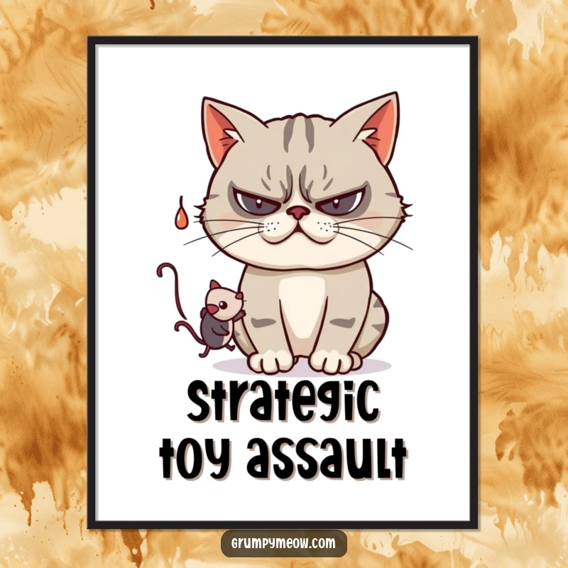 Funny poster featuring a grumpy cat engaging in playful swatting at a dangling toy mouse, exuding subtle amusement and mischief.