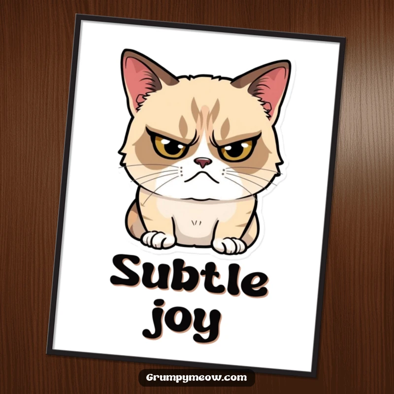 Funny Poster of a grumpy cat glaring with an intense look, but with a subtle, tiny smile, capturing humorous feline demeanor.