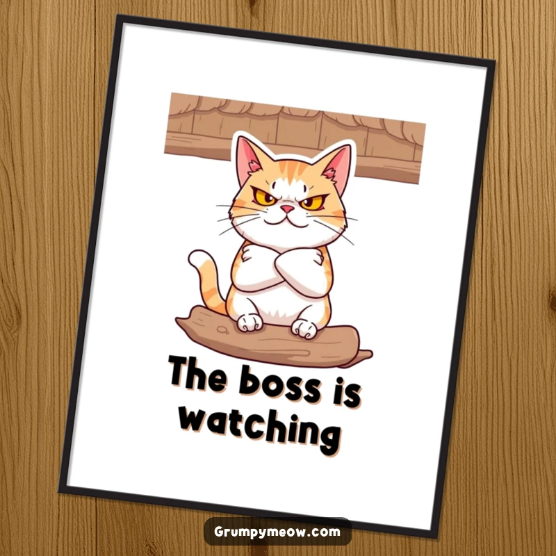 Funny Poster: A cat with folded arms glares defiantly from a cozy perch, a masterpiece of feline willpower.