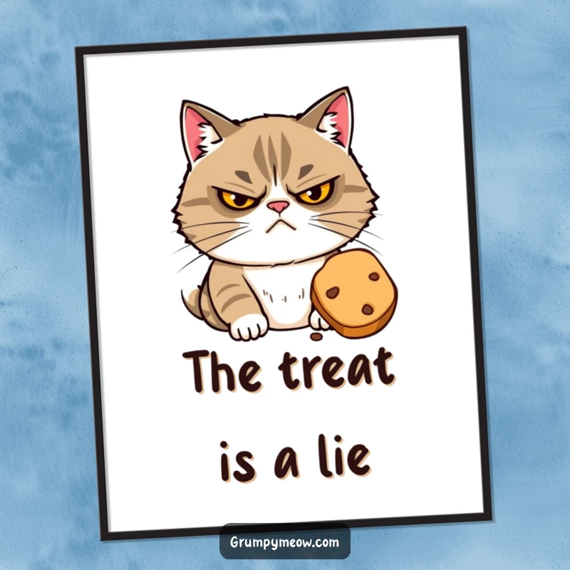 Funny poster art featuring a grumpy cat with narrowed eyes suspiciously eyeing a tempting treat, exuding intense focus and desire.