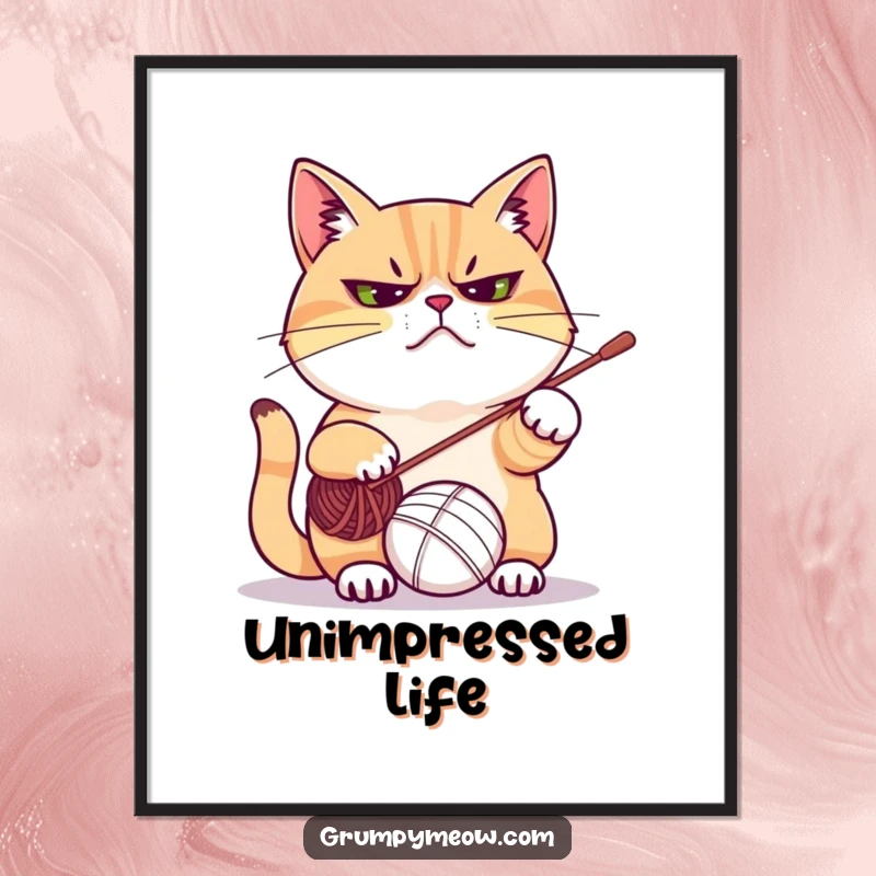 Funny poster featuring a frowning cat intensely focused on batting a yarn ball, capturing playful feline chaos and a classic grumpy expression.