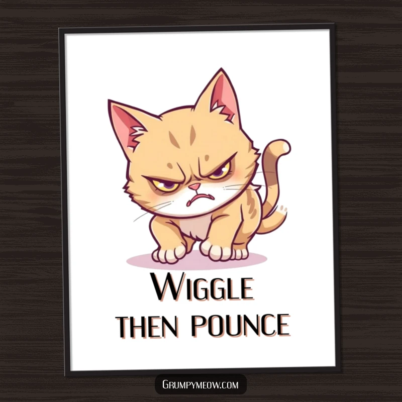 Funny grumpy cat poster displaying a stealthy pounce attempt ending in a funny wiggle, adding humor to any wall.