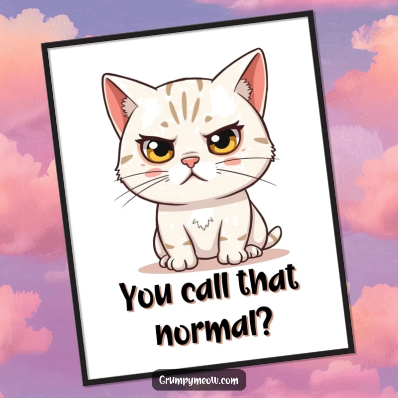 Funny poster of a skeptical cat with a raised eyebrow, observing a peculiar situation, offering humorous artistic doubt.