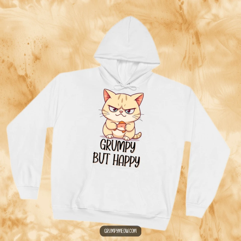 Funny hoodie featuring a grumpy cat with a smirk, clutching a tiny fish, offering cozy, humorous vibes.