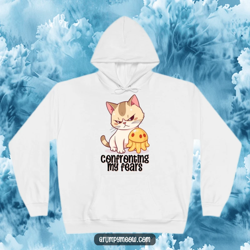 Funny hoodie showing a grumpy cat with its back arched, hissing defensively at a wobbling jelly.