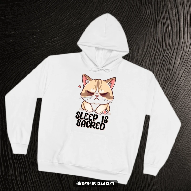 Funny grumpy cat hoodie, cozy fleece, trying to sleep, playfully disturbed, annoyed, sleepy attitude, warm apparel, gift.