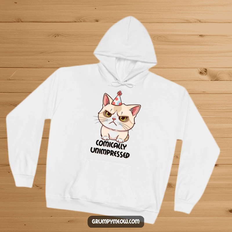 Funny hoodie featuring a grumpy cat adorably wearing a tiny, tilted party hat, perfect for cozy grumbling.