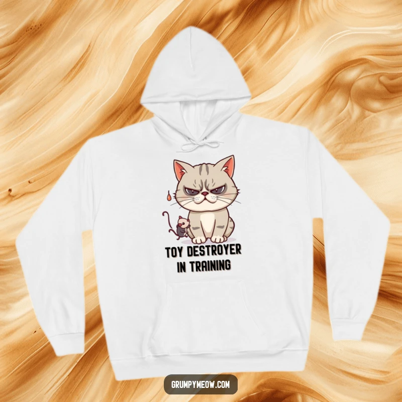 Funny hoodie featuring a grumpy cat giving a toy mouse a half-hearted swat, conveying a mix of annoyance and reluctant playfulness.