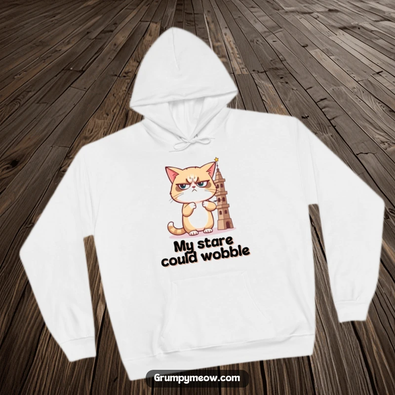 Funny hoodie featuring a grumpy cat giving a sideways, judgmental look at a wobbly tower, ideal for cozy days of critical observation.