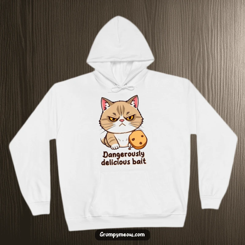 Funny hoodie featuring a grumpy cat with narrowed eyes, suspiciously eyeing a treat, showcasing cautious anticipation and desire.