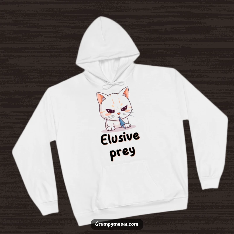 Funny hoodie depicting a cat with narrowed, determined eyes, fixated on the movement of a computer mouse cursor on a screen.
