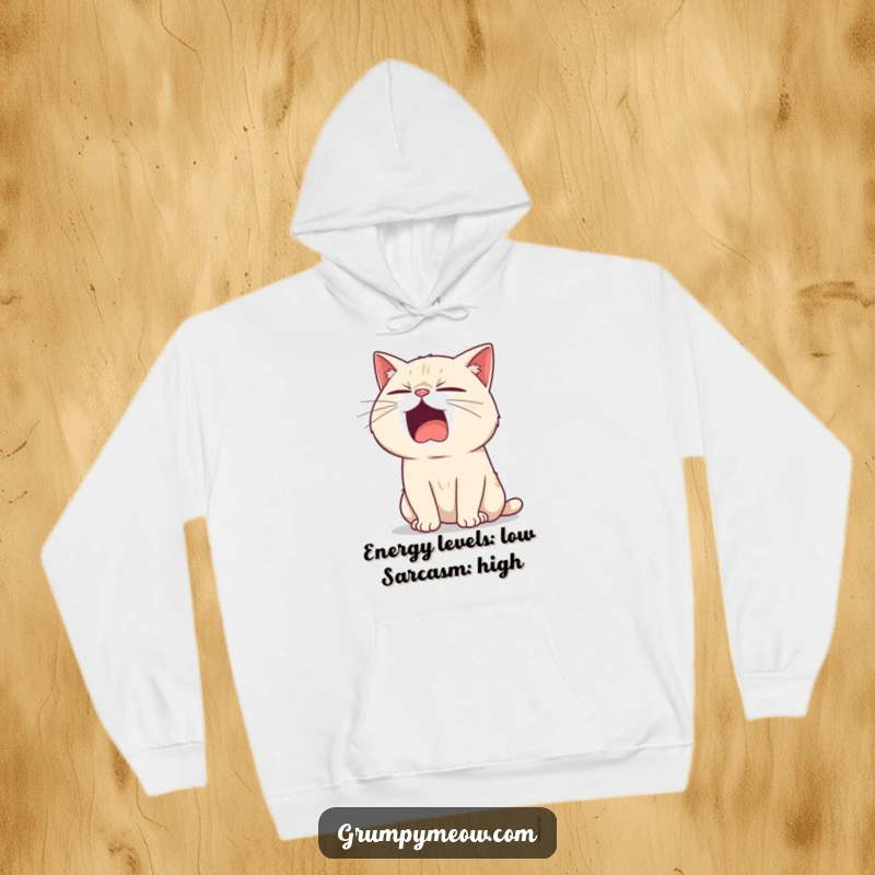 Funny hoodie showcasing a bored cat mid-yawn with a sarcastic glint, perfect for a cozy and humorous cat apparel gift.