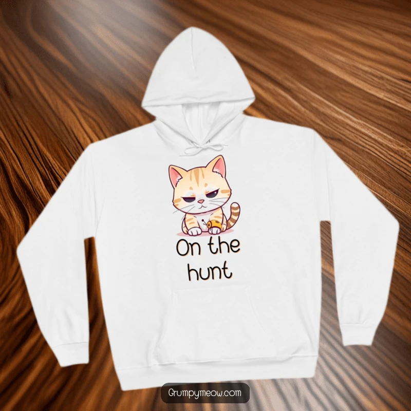 Funny cat hoodie depicting a cat squinting its eyes, peering intently at a tiny insect, embodying a hunter's concentration.